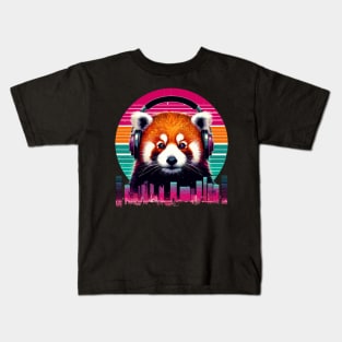 Cute Retro Music Red Panda In Headphones Kids T-Shirt